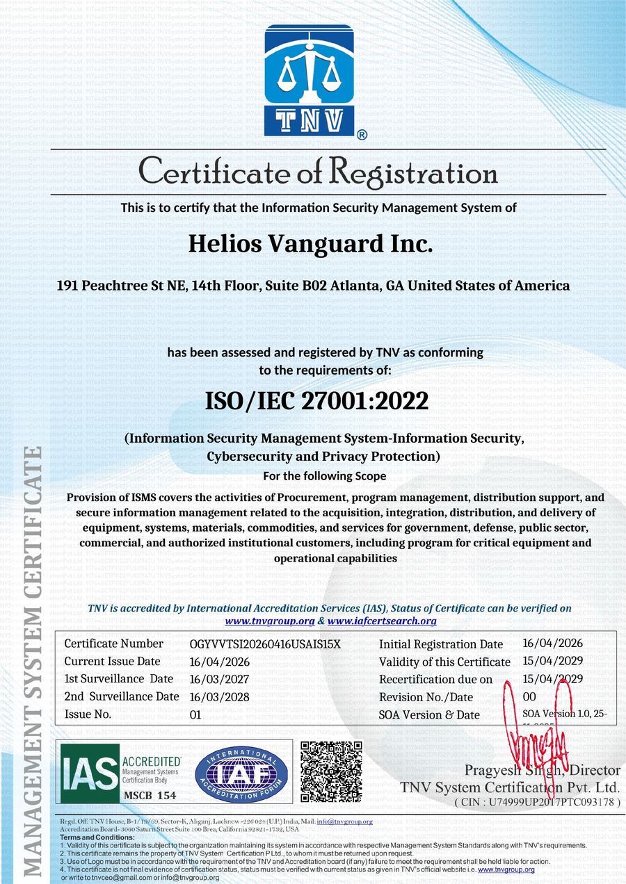 ISO/IEC 27001:2022 Certificate of Registration — Helios Vanguard Inc.