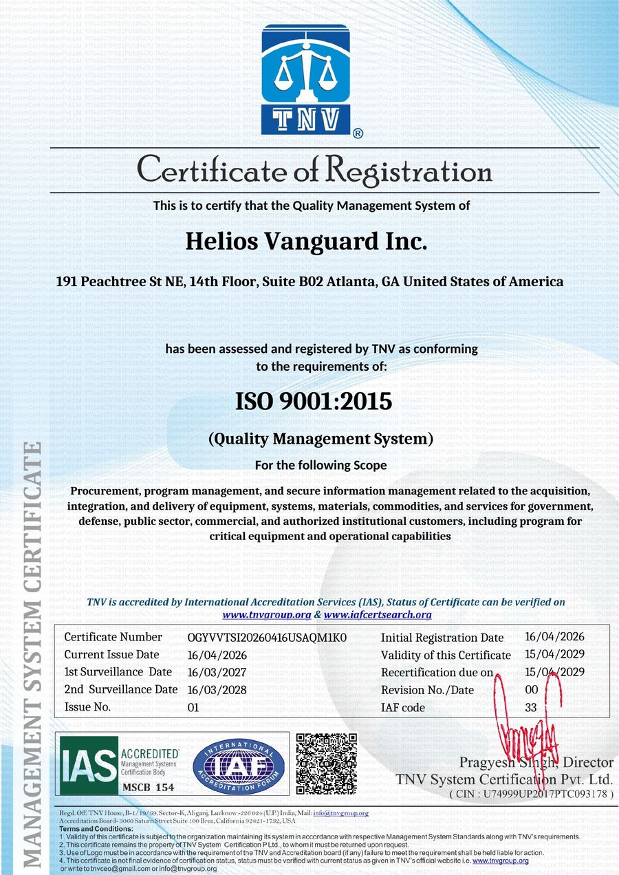 ISO 9001:2015 Certificate of Registration — Helios Vanguard Inc.